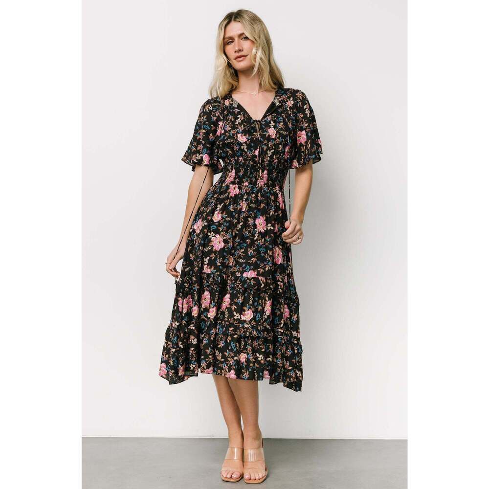 Baltic Born Black Floral Midi Dress with Pink Roses - Picture 5 of 5